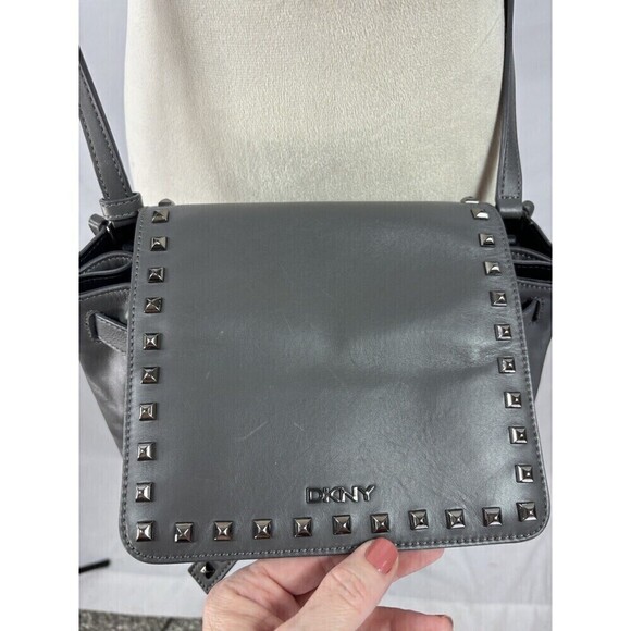 DKNY Crossbody Bag Grey Leather Studs Studded Adjustable Strap - Picture 6 of 15